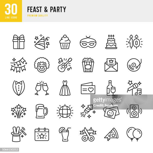ilustraciones, imágenes clip art, dibujos animados e iconos de stock de fiesta y fiesta - conjunto de iconos de vector de línea - aniversario
