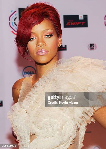 Musician Rihanna attends the MTV Europe Music Awards 2010 at La Caja Magica on November 7, 2010 in Madrid, Spain.