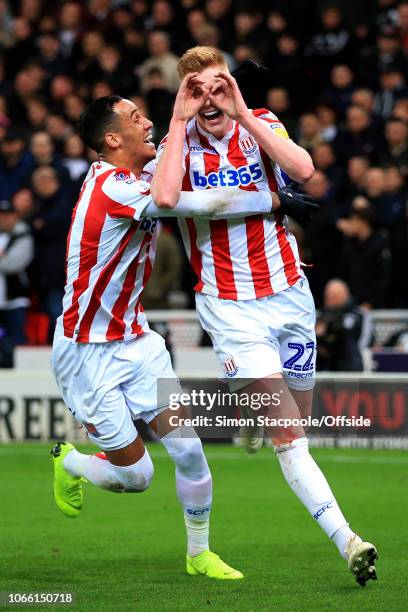 Sam Clucas of Stoke celebrates with teammate Thomas Ince of Stoke after scoring their 1st goal during the Sky Bet Championship match between Stoke...