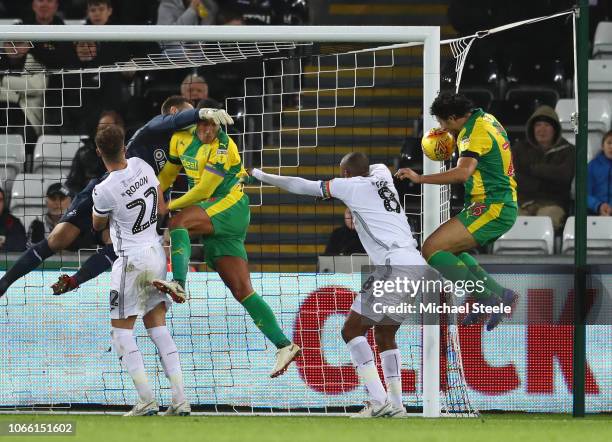Ahmed Hegazy of West Brom scores to make it 2-1 during the Sky Bet Championship match between Swansea City and West Bromwich Albion at the Liberty...