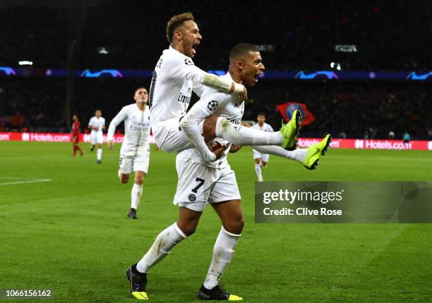 Neymar of Paris Saint-Germain celebrates after scoring his team's second goal with Kylian Mbappe of Paris Saint-Germain during the UEFA Champions...