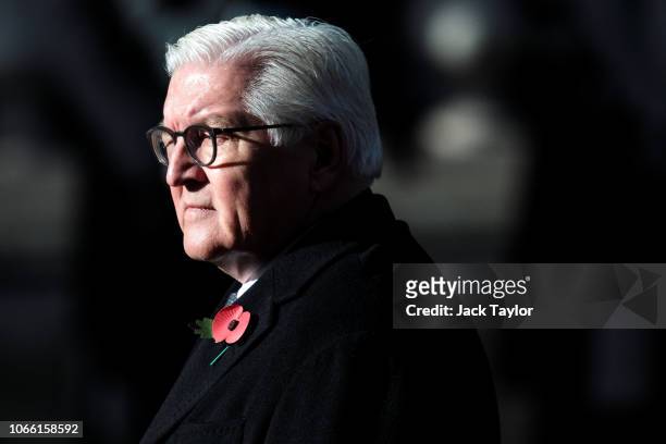 German President Frank-Walter Steinmeier attends the annual Remembrance Sunday memorial at the Cenotaph on Whitehall on November 11, 2018 in London,...