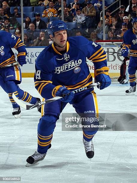 Tim Connolly of the Buffalo Sabres skates against the Boston Bruins at the HSBC Arena on November 3, 2010 in Buffalo, New York. The Bruins defeated...