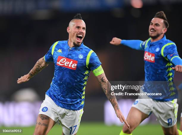 Marek Hamsik of SSC Napoli celebrates after scoring the 1-0 goal during the Group C match of the UEFA Champions League between SSC Napoli and Red...