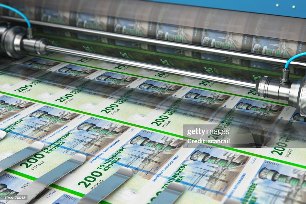 Printing 200 DK Danish krona money banknotes