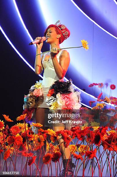 Musician Rihanna performs during the MTV Europe Music Awards 2010 live show at La Caja Magica on November 7, 2010 in Madrid, Spain.