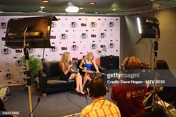 Emily Osment poses in the Digital Studio at the MTV Europe Music Awards 2010 at La Caja Magica on November 7, 2010 in Madrid, Spain.