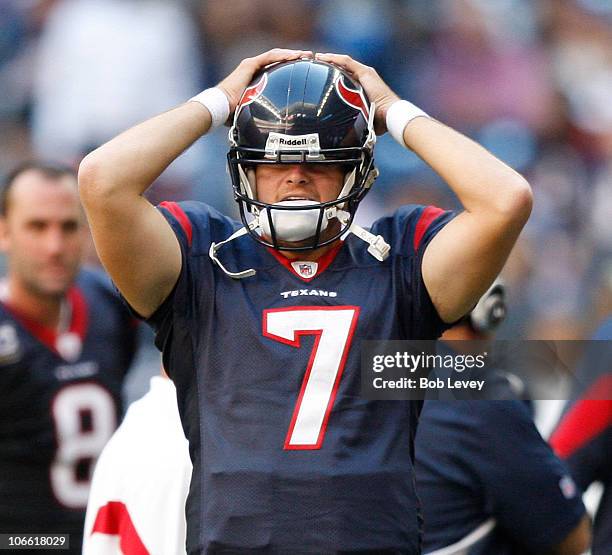 Dan Orlovsky of the Houston Texans reacts after a late interception by San Diego was not overturned on a challenge at Reliant Stadium on November 7,...