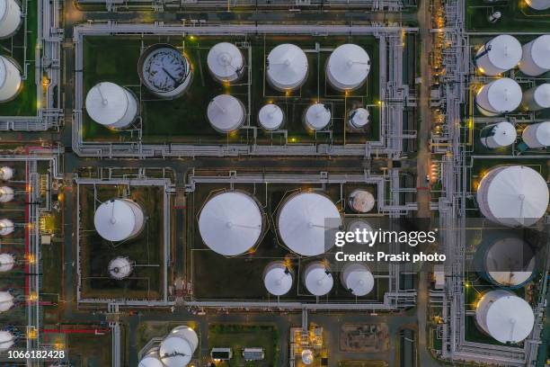 aerial view oil terminal is industrial facility for storage of oil and petrochemical products ready for transport to further storage facilities. - tone tank stock pictures, royalty-free photos & images