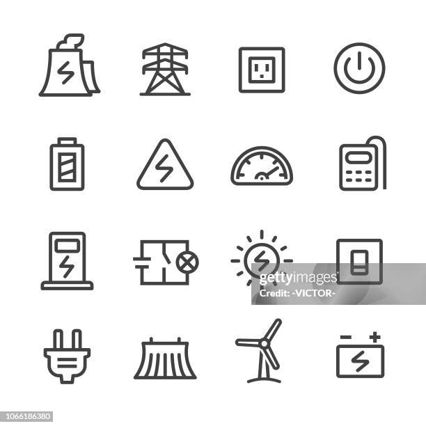 electricity icons set - line series - electricity pylon stock illustrations