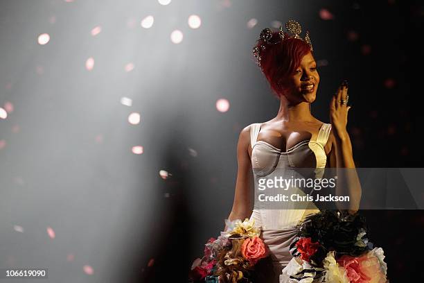Rihanna performs during the MTV Europe Music Awards 2010 live show at La Caja Magica on November 7, 2010 in Madrid, Spain.