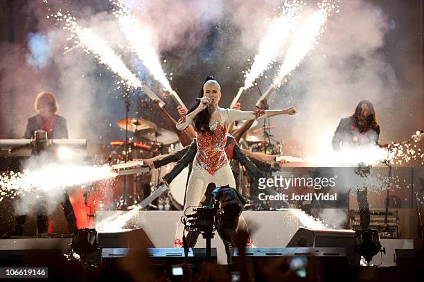 Katy Perry performs onstage at the MTV Europe Music Awards 2010 outside broadcast at Puerta del Sol on November 7, 2010 in Madrid, Spain.