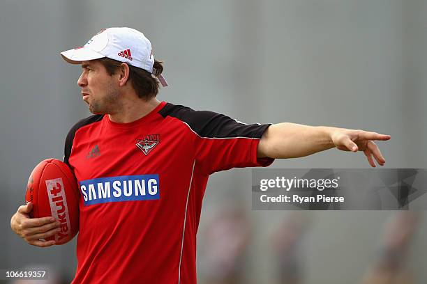 Shannon Grant , assistant coach of the Bombers, looks on during an Essendon Bombers training session at Keilor Park on November 8, 2010 in Melbourne,...