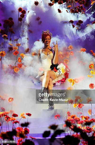 Musician Rihanna performs during the MTV Europe Music Awards 2010 live show at La Caja Magica on November 7, 2010 in Madrid, Spain.