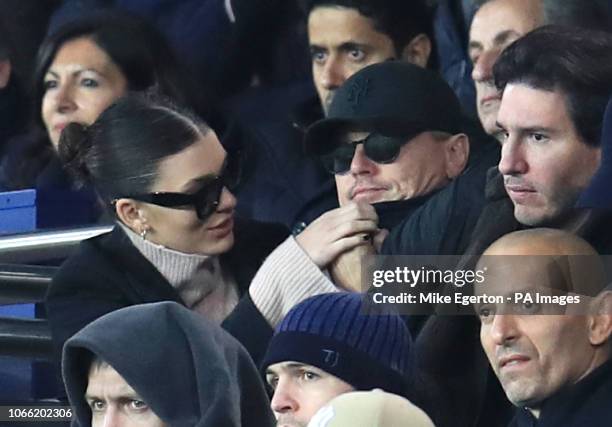 Leonardo DiCaprio and girlfriend Cami Morrone in the stands during the UEFA Champions League, Group C match at the Parc des Princes, Paris.