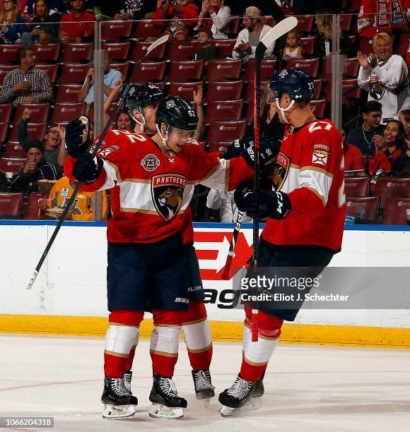 Denis Malgin of the Florida Panthers celebrates his goal with teammates during the first period agains the New York Islanders at the BB&T Center on...