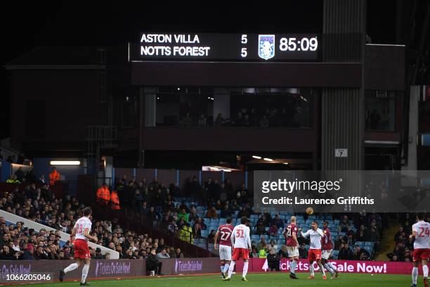 General view of the scoreboard during the Sky Bet Championship match between Aston Villa and Nottingham Forest at Villa Park on November 28, 2018 in...