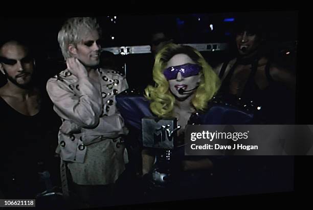 Lady Gaga speaks via videolink at the MTV Europe Awards 2010 at the La Caja Magica on November 7, 2010 in Madrid, Spain.