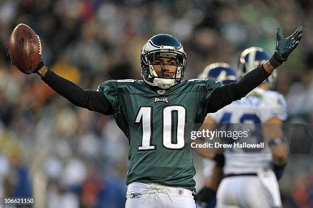 Wide Receiver DeSean Jackson of the Philadelphia Eagles celebrates during the game against the Indianapolis Colts at Lincoln Financial Field on...