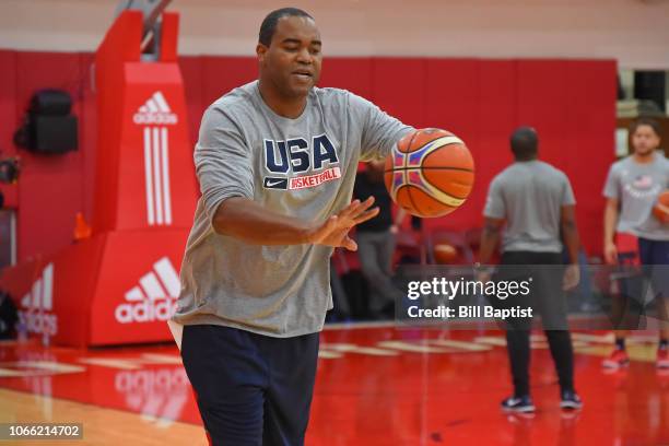 Othella Harrington of the USA Basketball World Cup Qualifying Team coaches during practice at the Toyota Center in Houston, Texas on November 24,...