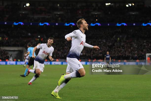Christian Eriksen of Tottenham Hotspur celebrates scoring their first goal during the Group B match of the UEFA Champions League between Tottenham...