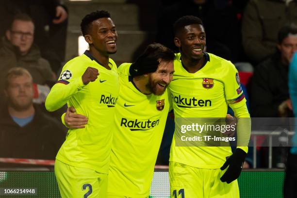 Lionel Messi of Barcelona celebrates after scoring his team's first goal with team mates during the Group B match of the UEFA Champions League...