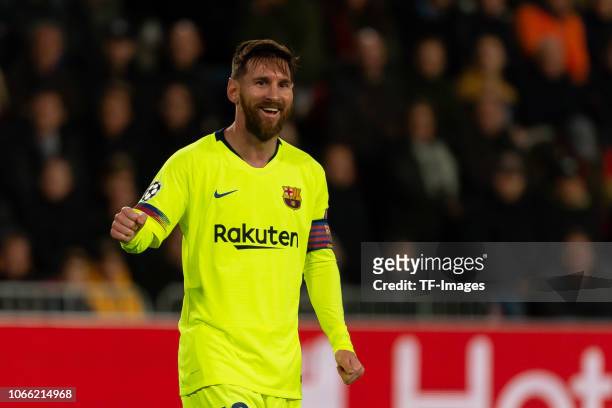 Lionel Messi of Barcelona celebrates during the Group B match of the UEFA Champions League between PSV and FC Barcelona at Philips Stadion on...