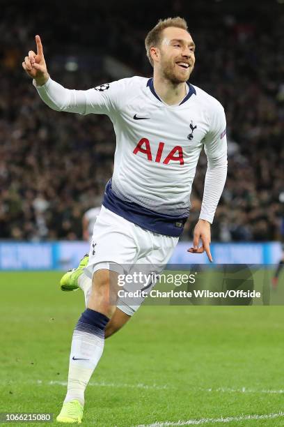 Christian Eriksen of Tottenham celebrates scoring the opening goal during the Group B match of the UEFA Champions League between Tottenham Hotspur...