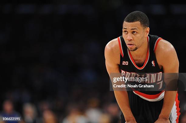Brandon Roy of the Portland Trail Blazers looks on during a game against the Los Angeles Lakers at Staples Center on November 7, 2010 in Los Angeles,...