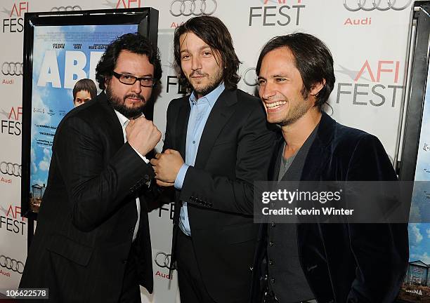 Producer Pablo Cruz, director Diego Luna, and executive producer Gael Garcia Bernal arrive at "Abel" screening during AFI FEST 2010 presented by Audi...