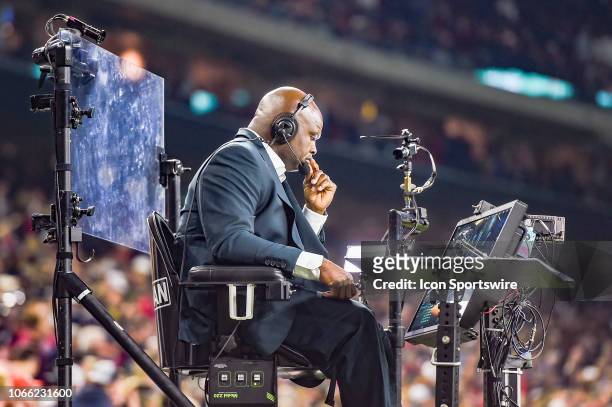 Analyst Booger McFarland sits atop his perch during the football game between the Tennessee Titans and Houston Texans on November 26, 2018 at NRG...