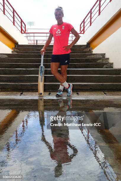 Danielle Wyatt of England poses for a portrait during a nets session during the ICC Women's World T20 2018 tournament at the Daren Sammy Ground on...