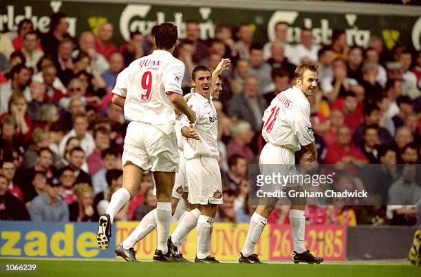 Sunderland celebrate Kevin Phillips of Sunderland goal during the FA Carling Premiership match against Liverpool at Anfield, in Livepool, England....