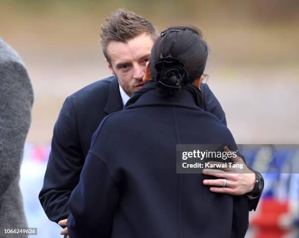 Jamie Vardy and the late Vichai Srivaddhanaprabha's wife Aimon Srivaddhanaprabha arrive at Leicester City Football Club to pay tribute to those who...