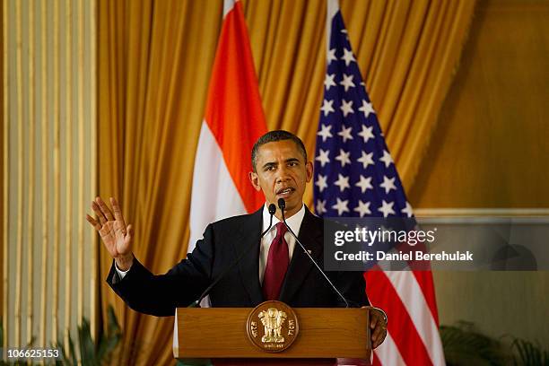 President Barack Obama addresses the media during a joint press conference at Hyderabad House on November 8, 2010 in New Delhi, India. The US...