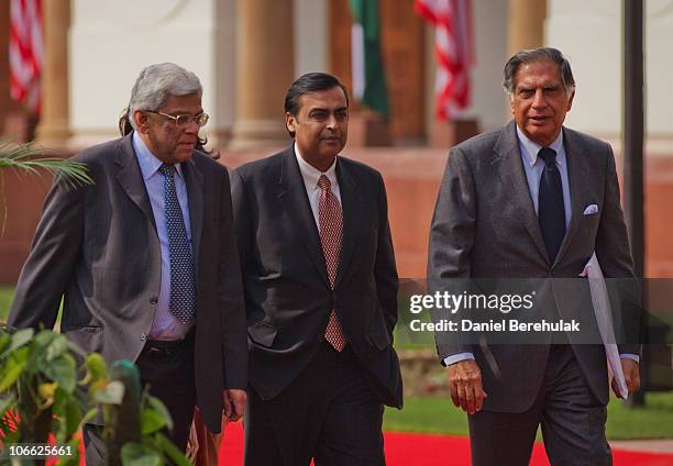 Indian Industrialists Mukesh Ambani and Ratan Tata arrive to attend a joint press conference by US President Barack Obama and Indian Prime Minister...