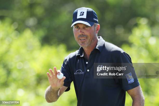 Matt Kuchar of the United States reacts to his birdie on the fifth green during the final round of the Mayakoba Golf Classic at El Camaleon Mayakoba...