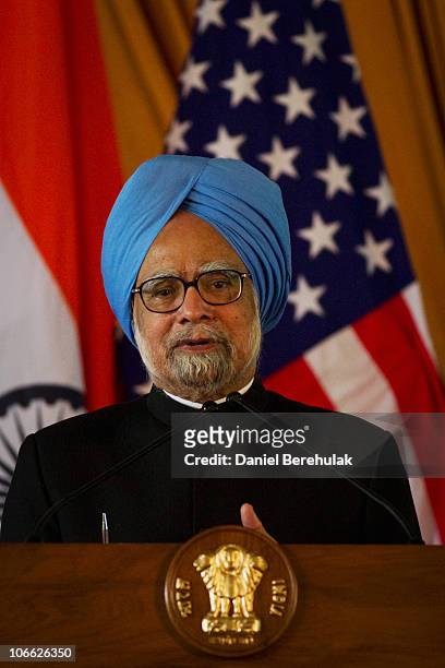 Indian Prime Minister Manmohan Singh addresses the media during a joint press conference at Hyderabad House with US President Barack Obama on...