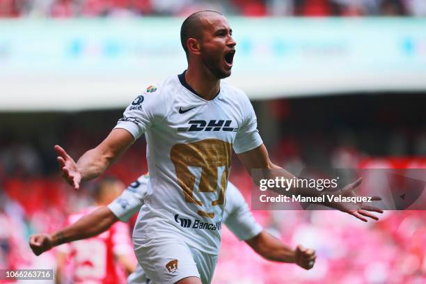 Carlos Gonzalez of Pumas celebrates after scoring the first goal of his team during a 16th round match between Toluca and Pumas as part of Torneo...