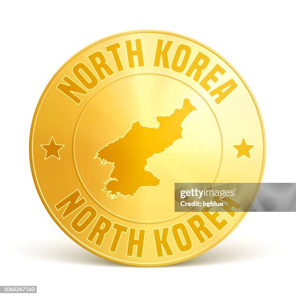 nordkorea - goldmünze auf weißem hintergrund - north korea stock-grafiken, -clipart, -cartoons und -symbole