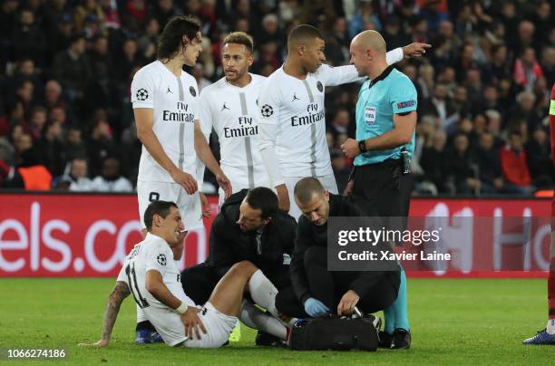 Angel Di Maria, Edinson Cavani, Neymar Jr and Kylian Mbappe of Paris Saint-Germain react during the Group C match of the UEFA Champions League...
