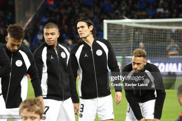 Kylian Mbappe, Edinson Cavani and Neymar Jr of Paris Saint-Germain pose before the Group C match of the UEFA Champions League between Paris...