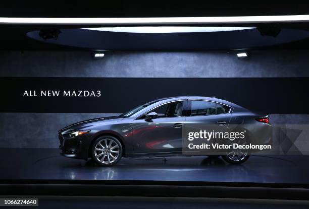 General view of the all-new Mazda3 is seen during the L.A. Auto Show on November 28, 2018 in Los Angeles, California.