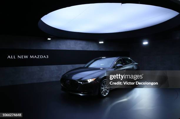 General view of the all-new Mazda3 is seen during the L.A. Auto Show on November 28, 2018 in Los Angeles, California.