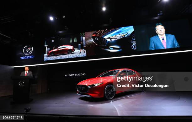 Akira Marumoto, President and CEO, Mazda Motor Corporation, speaks onstage during the L.A. Auto Show on November 28, 2018 in Los Angeles, California.