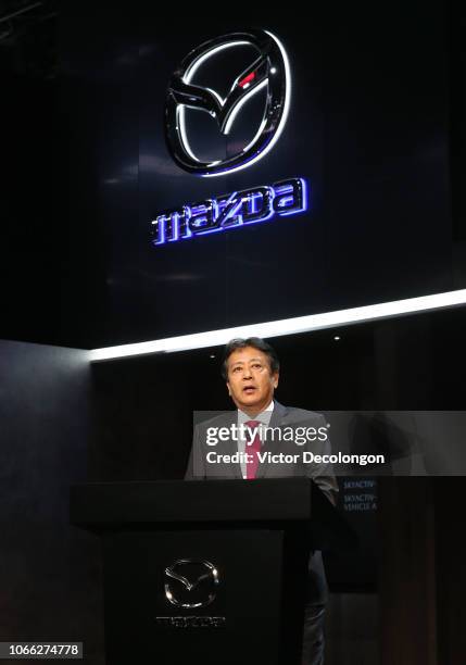 Akira Marumoto, President and CEO, Mazda Motor Corporation, speaks onstage during the L.A. Auto Show on November 28, 2018 in Los Angeles, California.