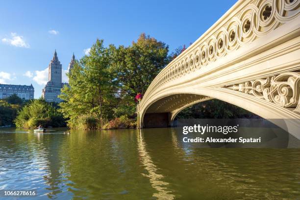 bow bridge and lake in central park, manhattan, new york city - bow bridge central park stock pictures, royalty-free photos & images