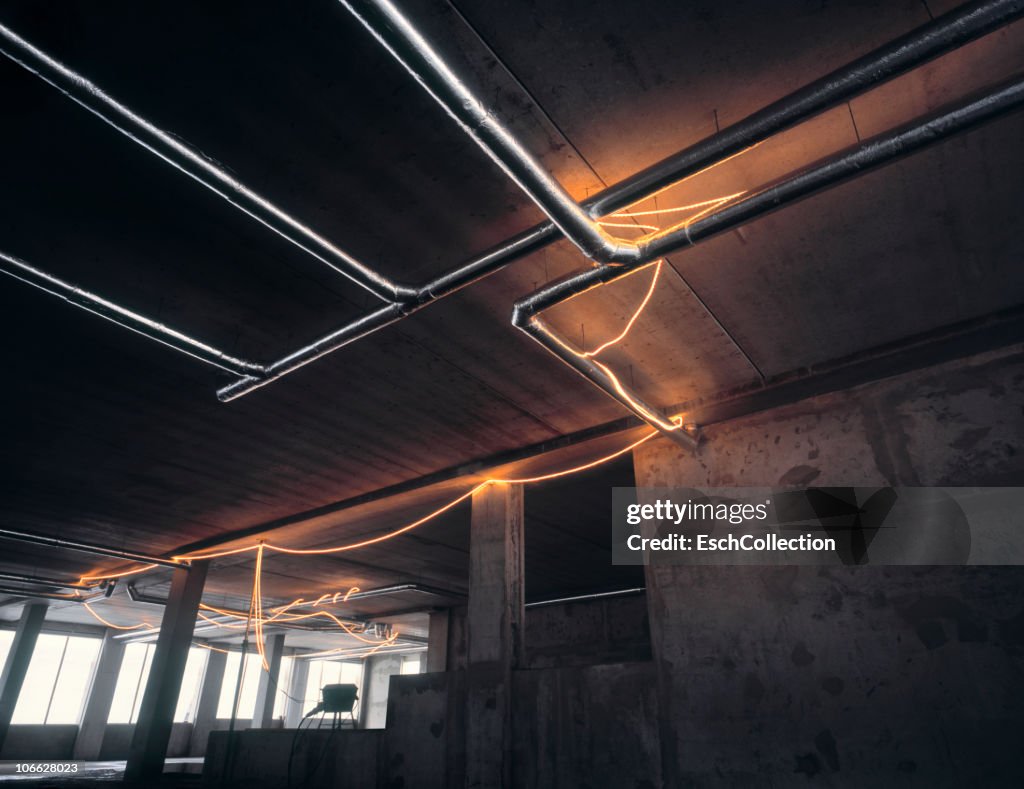 Building site with pipes and innovative lighting