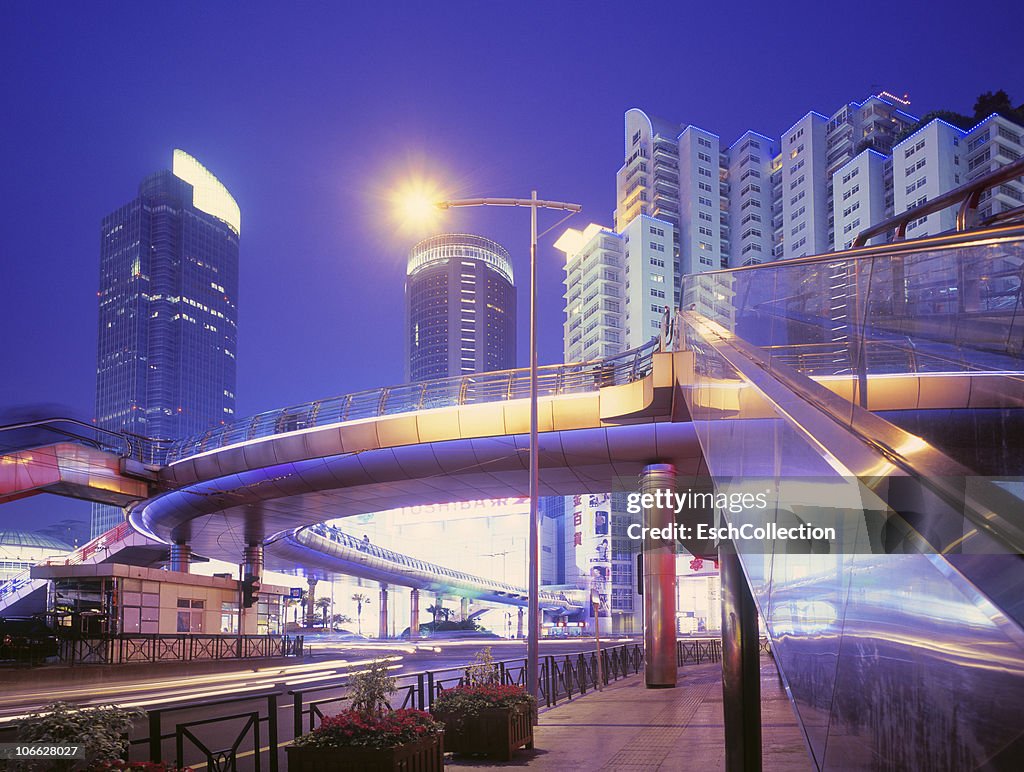 Futuristic elevated walkway in Shanghai, China.