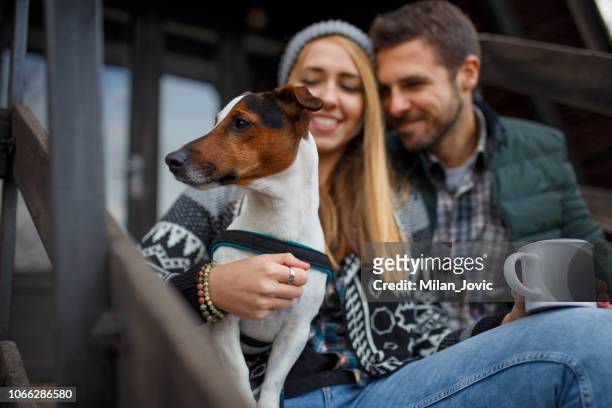 glückliches paar trinken heißen tee im freien auf gemütlichen campingplatz - dog drinking stock-fotos und bilder